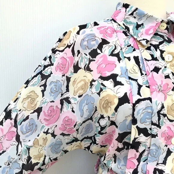 Vintage 80’s black & pastel roses floral secretary dress - Picture 3 of 9